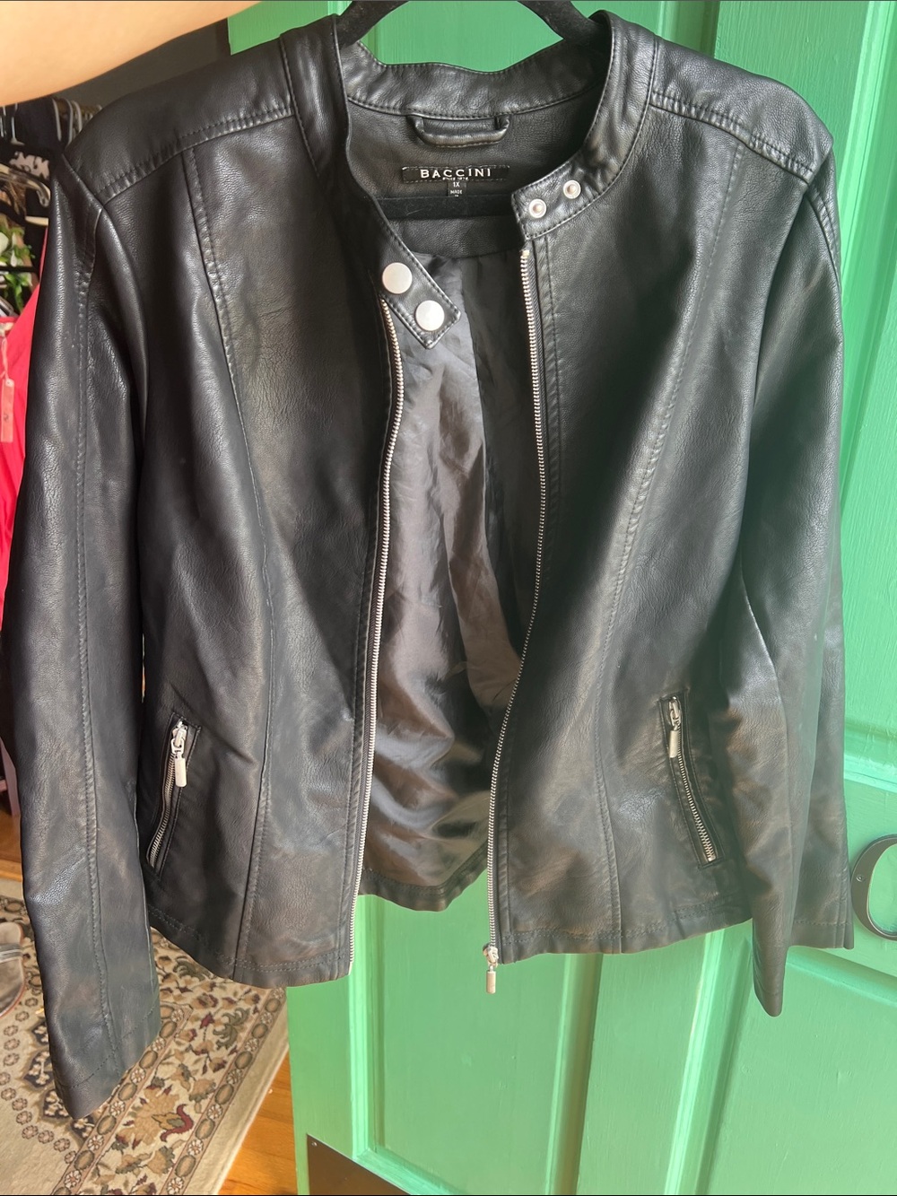 Baccini Black Faux Leather Zip-Front moto Jacket 1X